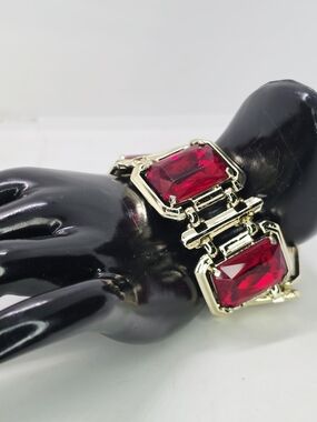 Vintage Claudette Huge Red Rhinestone Panel Bracelet Vamp Goth Gold Tone Chunky